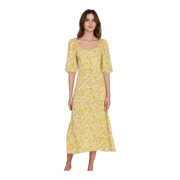 NWT FAITHFULL THE BRAND Juniper Yellow Floral Puff Sleeve Midi Dress US 2/ XS - Picture 6 of 9